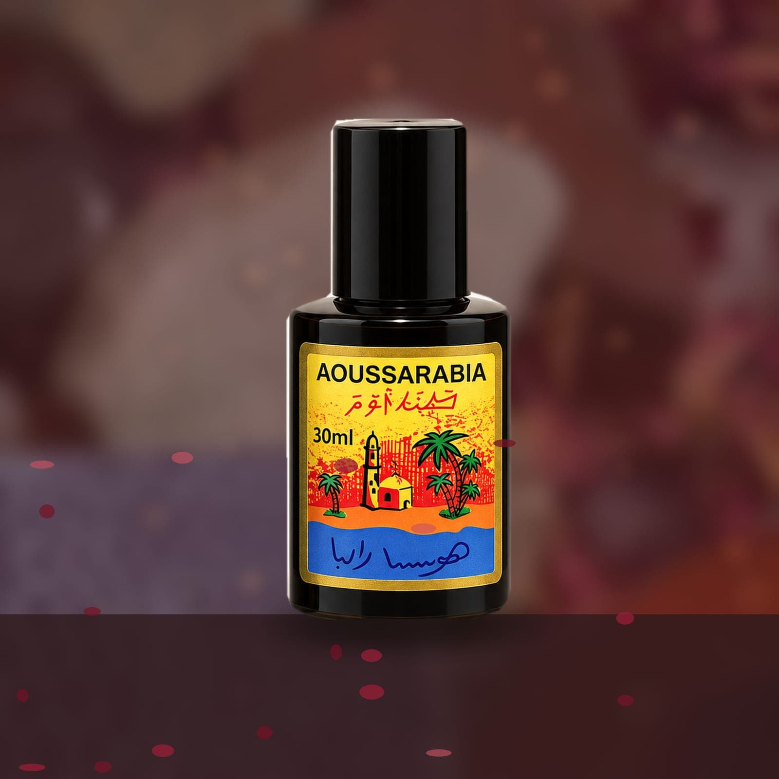 Aoussarabia bottle before a soft rose backdrop