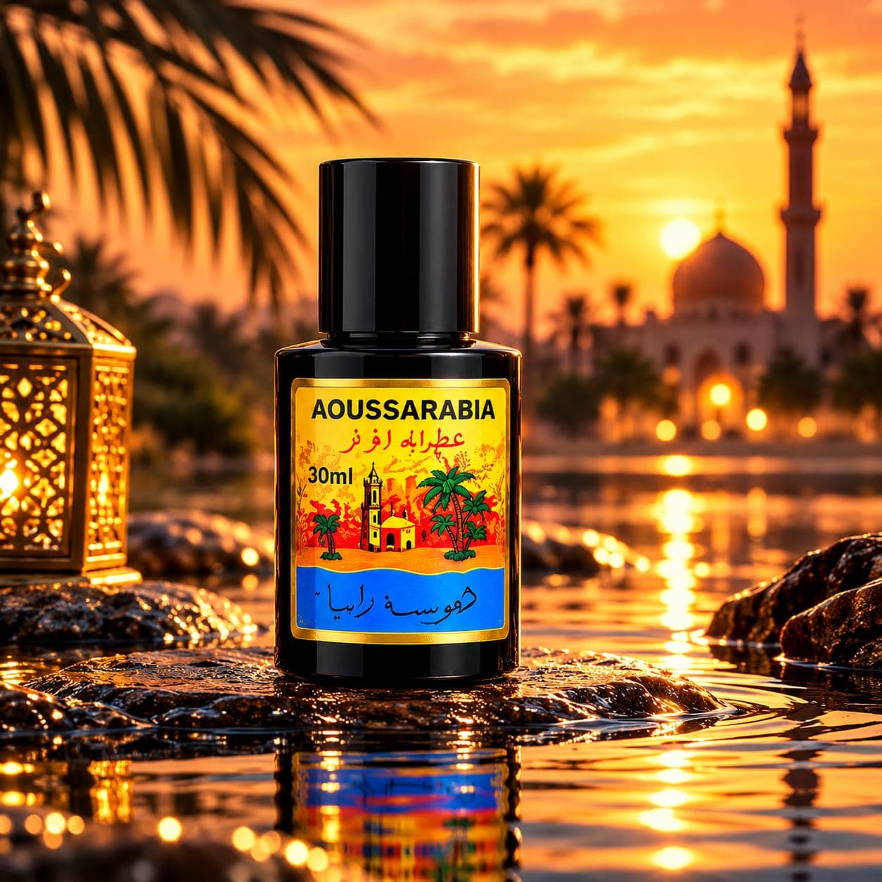 Aoussarabia bottle with a lantern by the water at sunset