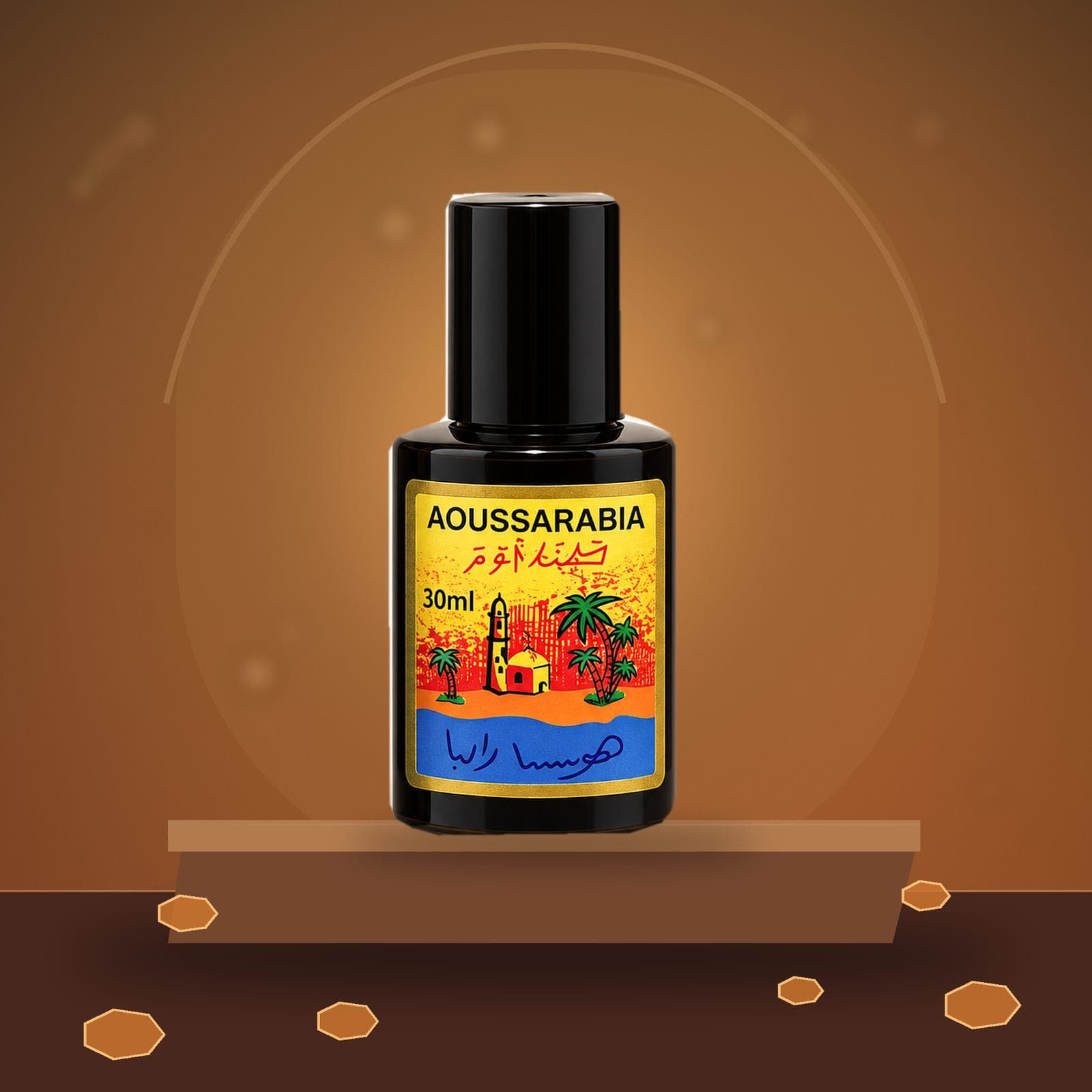 Aoussarabia bottle on a pedestal in warm amber light