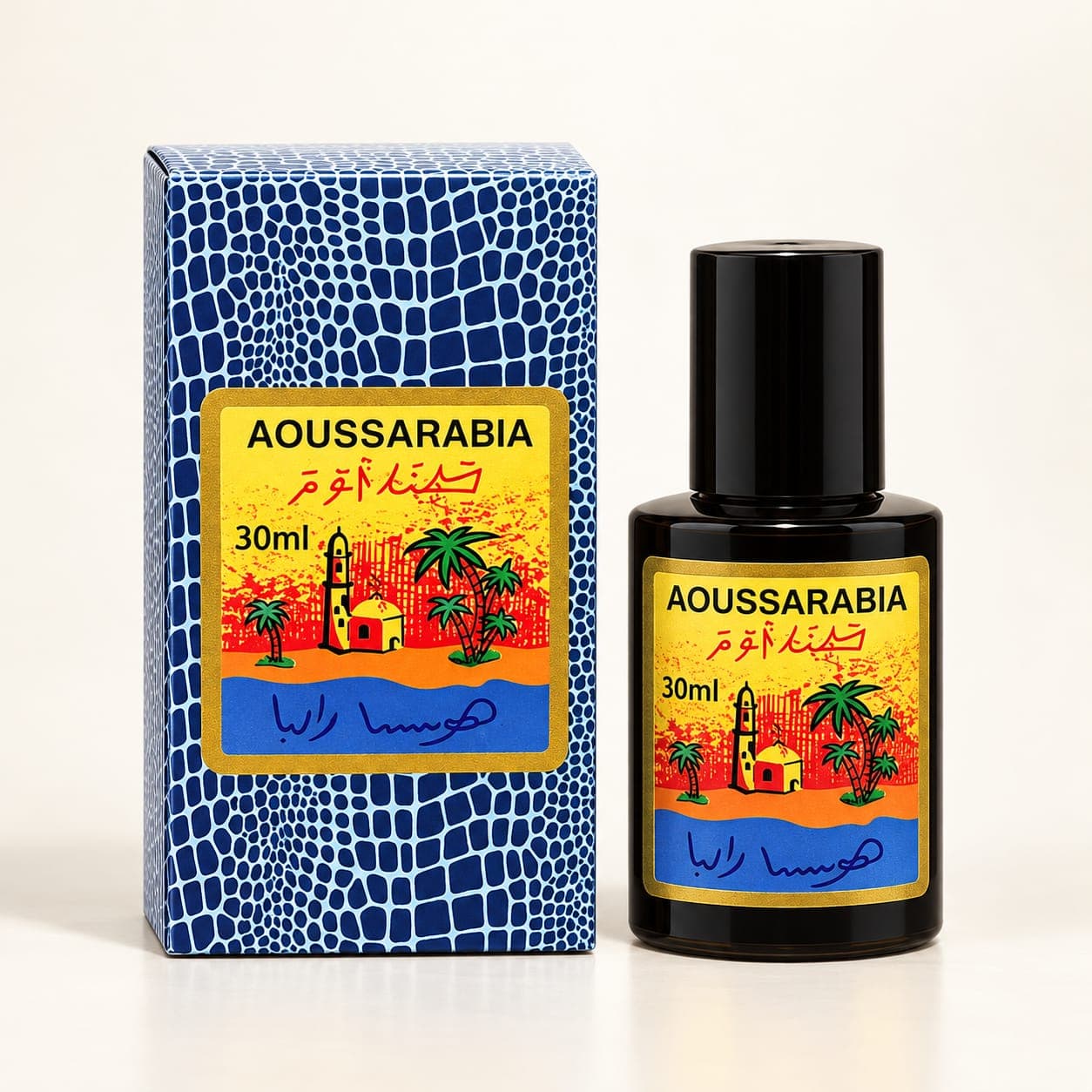 Aoussarabia bottle and blue patterned box, on white