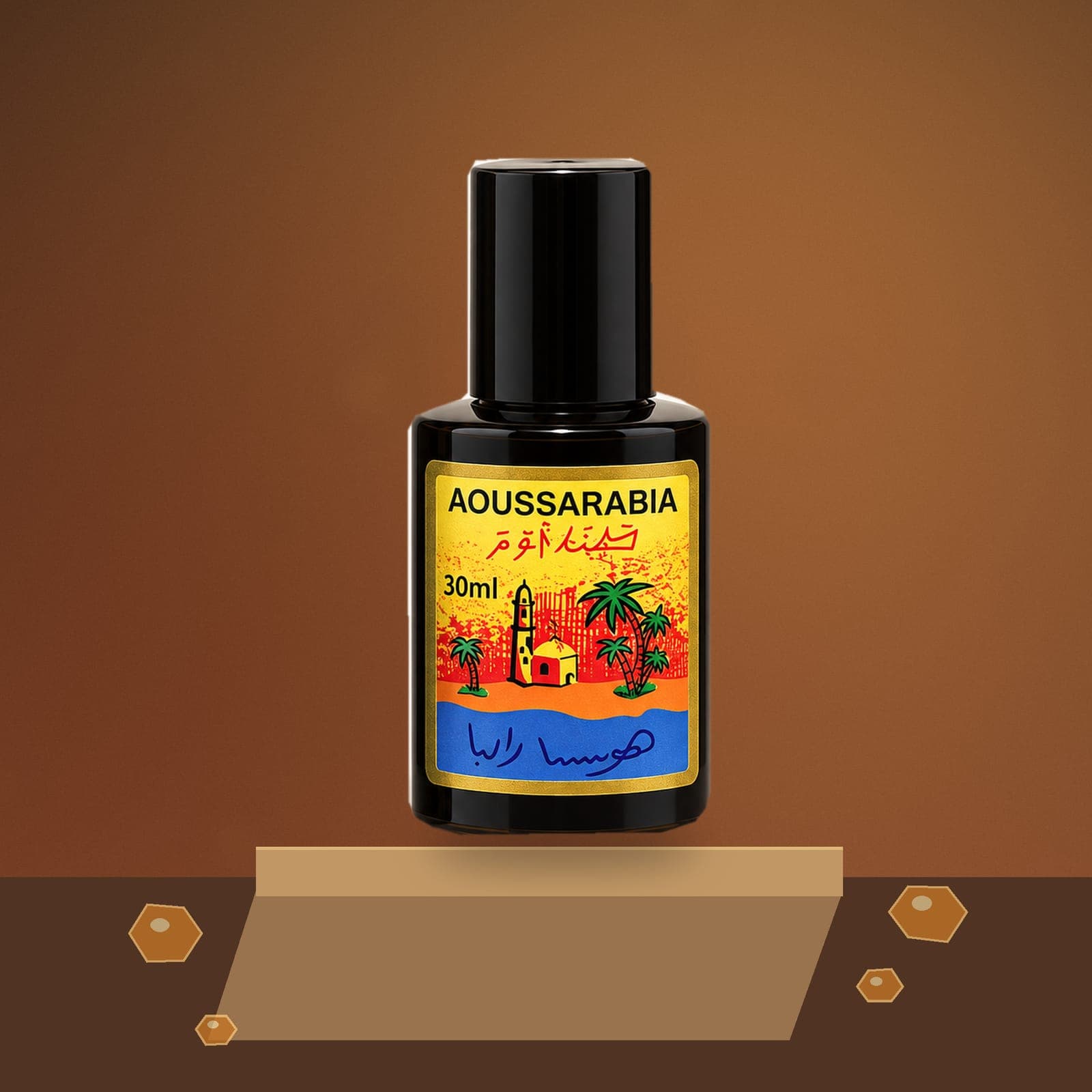 Aoussarabia bottle on an amber stand
