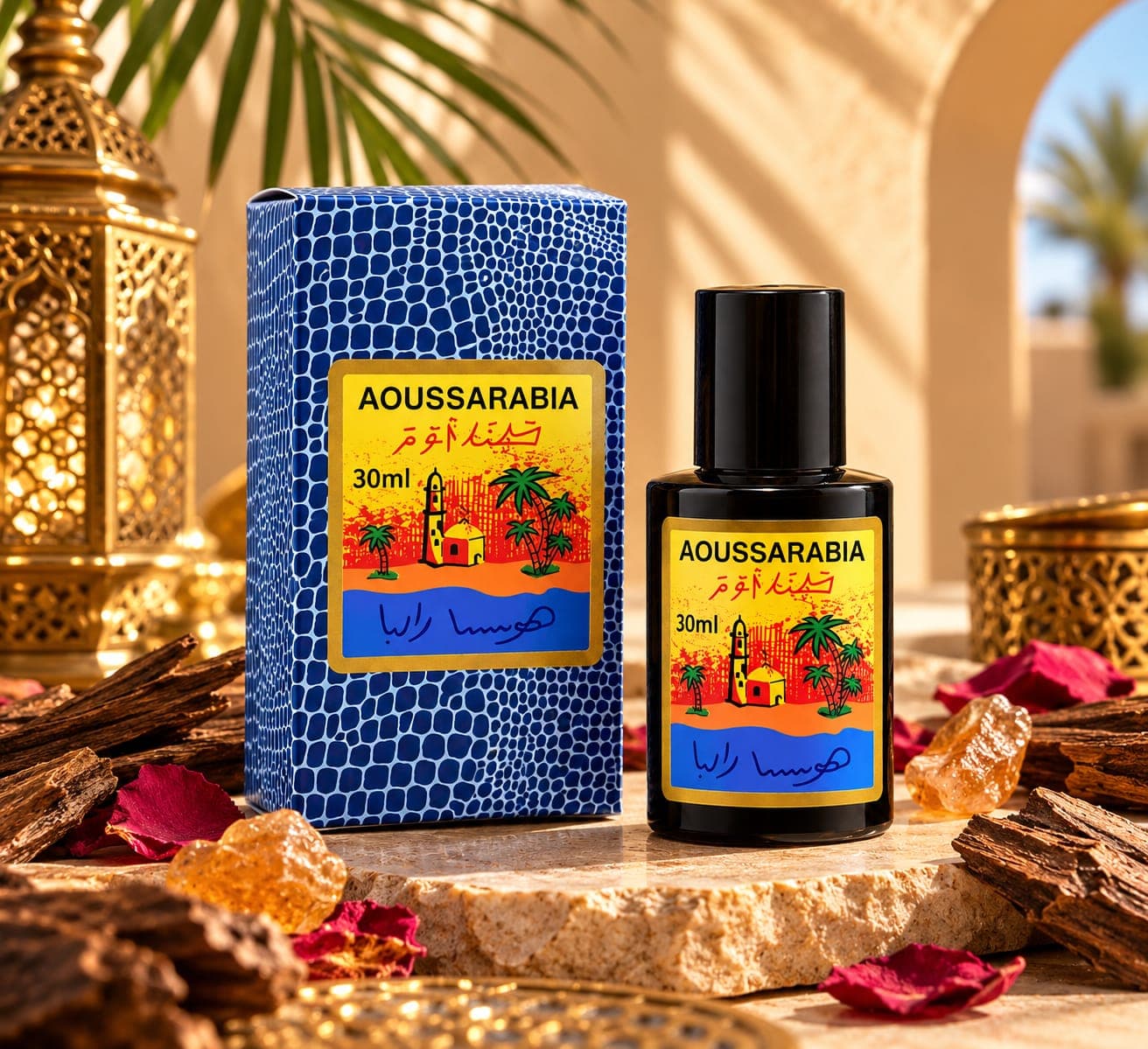 Aoussarabia box and bottle among oud wood, amber and rose petals