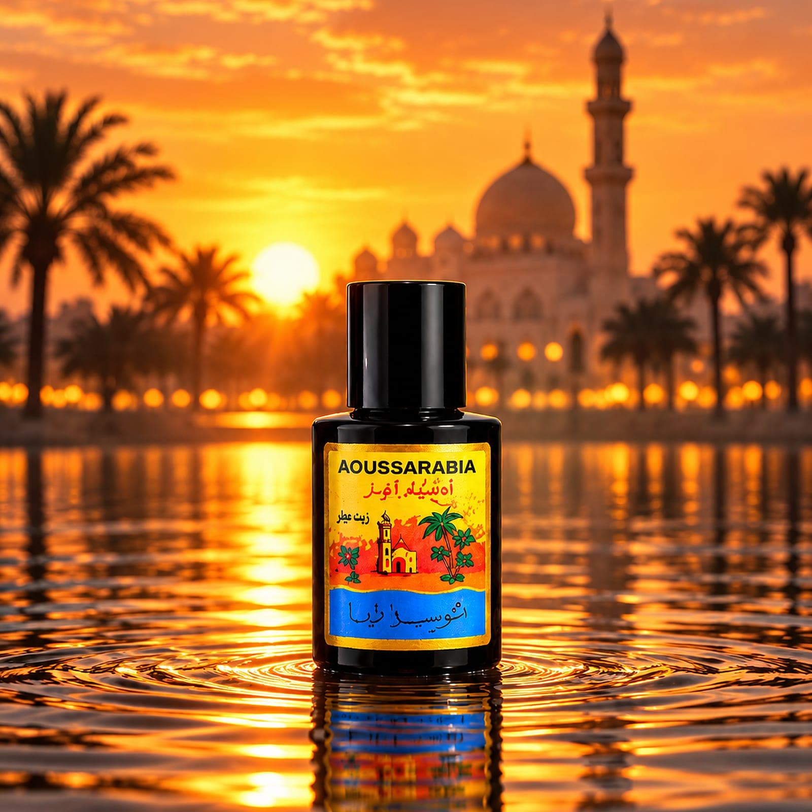 Aoussarabia bottle on the water at sunset