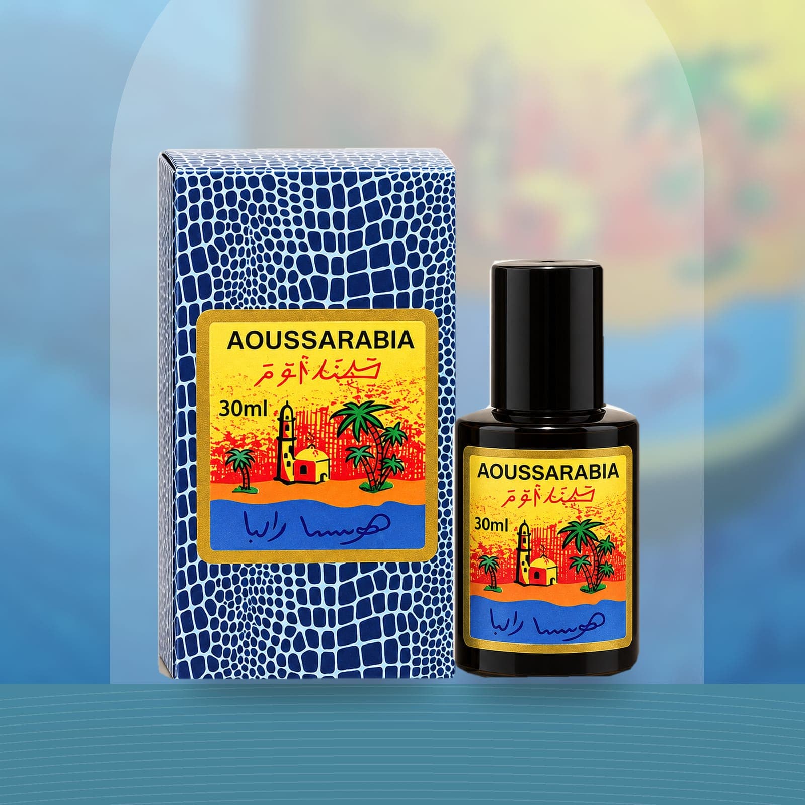 Aoussarabia box and bottle before a soft blue backdrop
