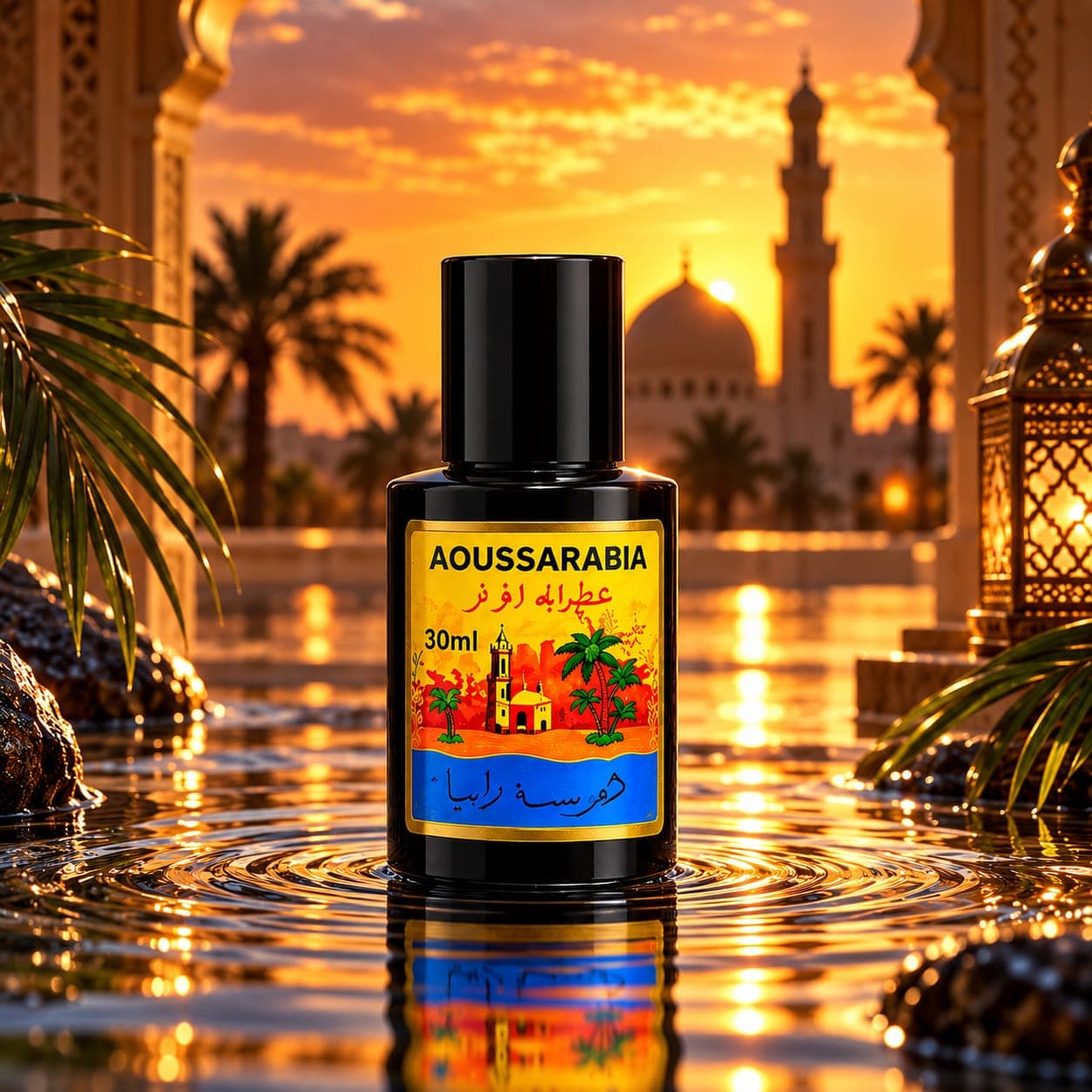 Aoussarabia bottle between lanterns at sunset