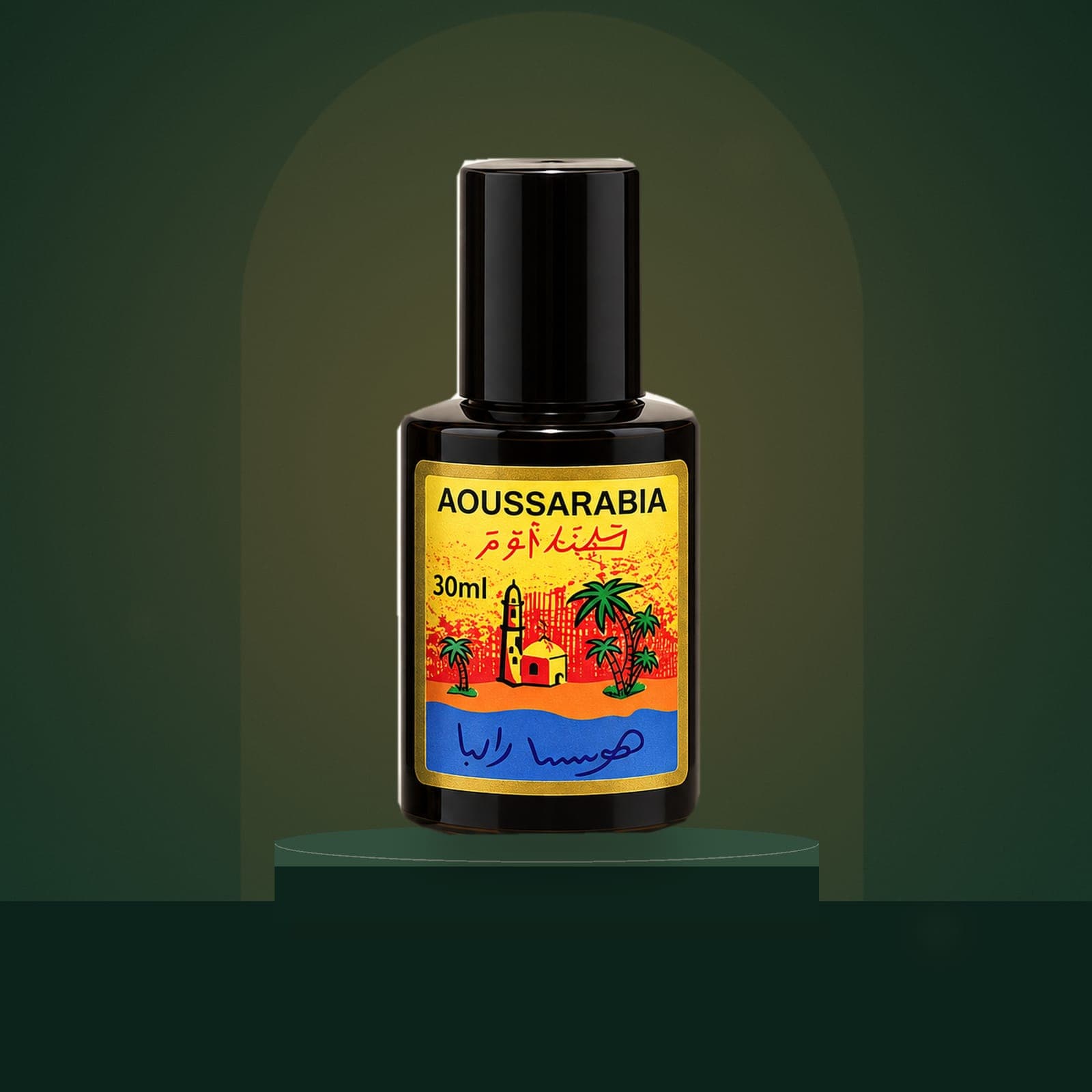Aoussarabia bottle on a deep green backdrop