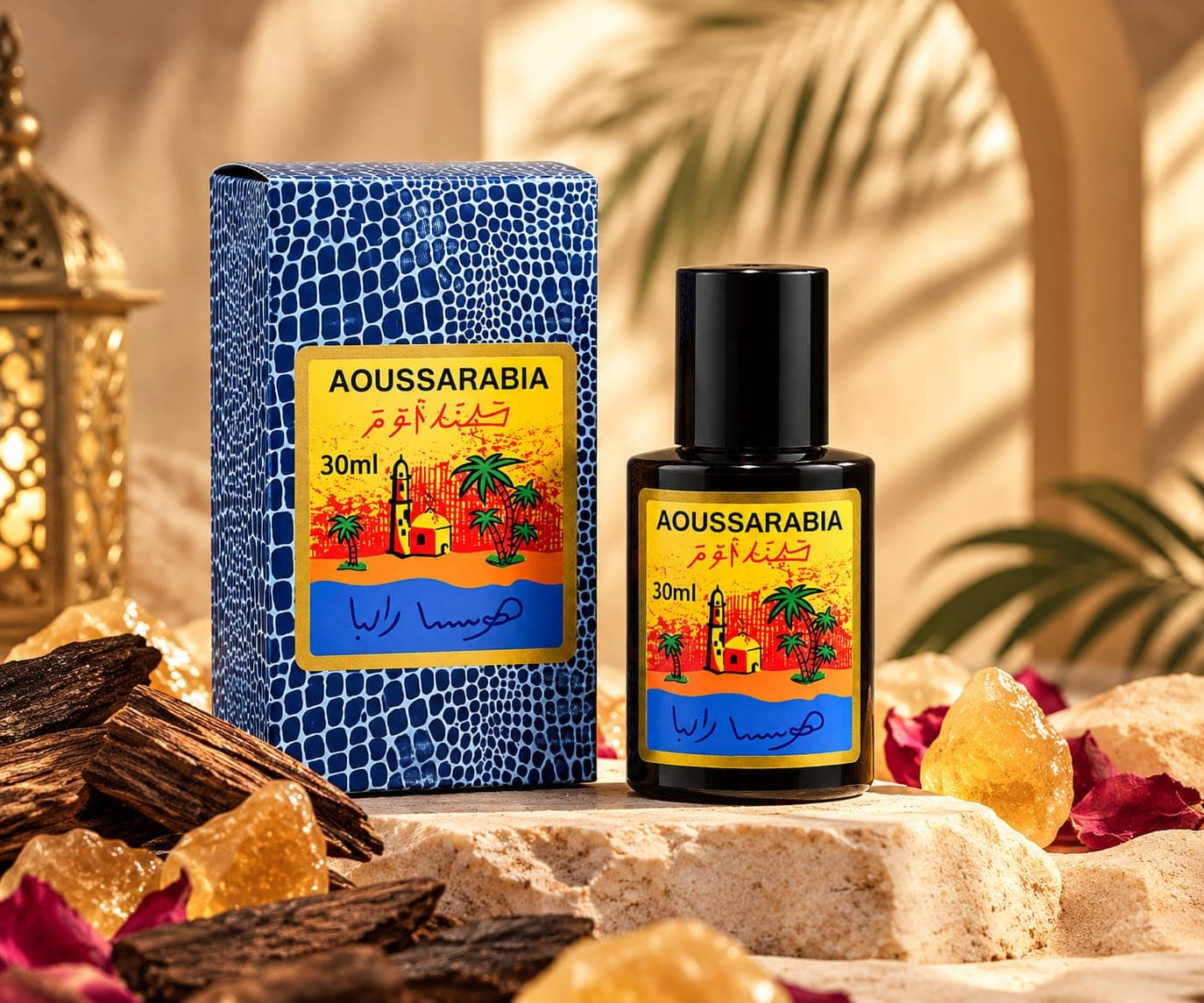 Aoussarabia box and bottle with oud wood, amber and rose petals in warm light