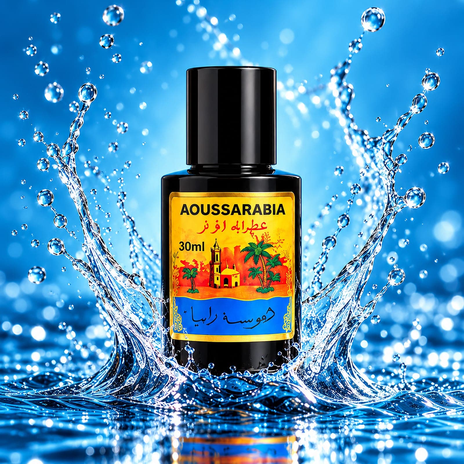 Aoussarabia perfume concentrate bottle in a splash of blue water