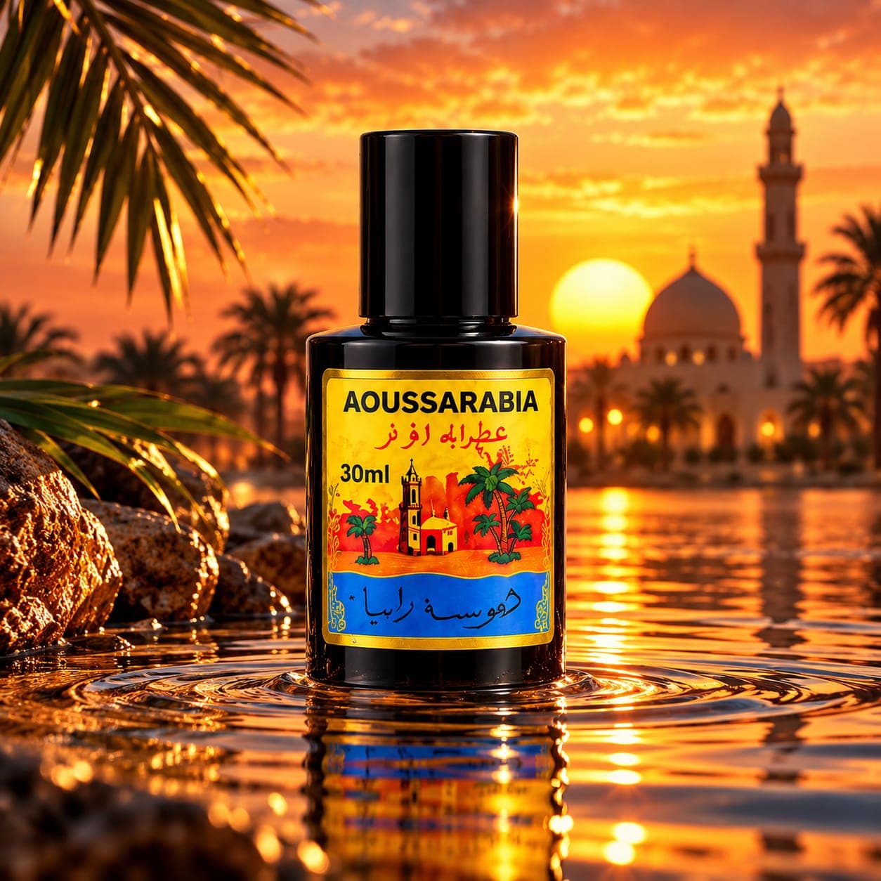 Aoussarabia perfume concentrate bottle by the water at golden sunset