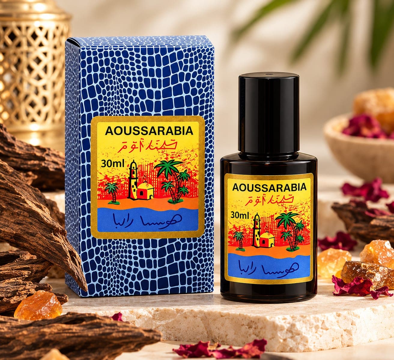 Aoussarabia bottle and blue patterned box with oud wood and amber