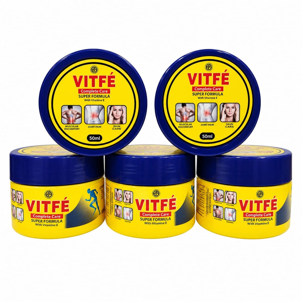 Five VITFÉ massage cream jars, two stacked on three